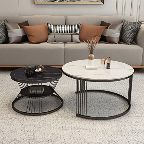 Juego de 2 mesas de centro apilables redondas de metal con tablero de pizarra y estante de almacenamiento. Elegante marco dorado para sala de estar, dormitorio, oficina. Diámetros de 61 cm y