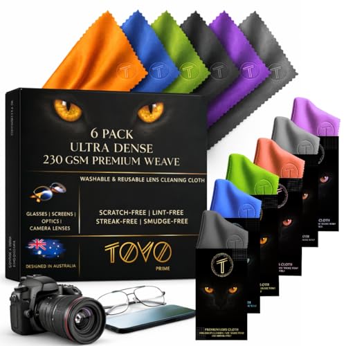 TOVO PRIME Microfiber Lens Cleaning Cloth for Glasses & Camera | 6 Packs |Australian Designed | 6'x7', 230 GSM | Eyeglass Lens Cleaner | Glasses Cleaning Cloths | Screens, Tablet, Laptop & Headset