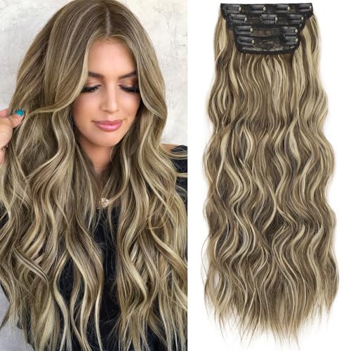 Image of KooKaStyle Wavy Thick Hair Extensions 24 inch Medium Brown Ash Blonde | 4 Pieces Clip in Extensions,Fiber Double Weft Hairpieces,Natural Volume,Wave Long Synthetic Highlight Hairpieces for Women