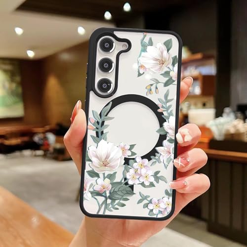 Image of VONZEE Compatible with Samsung Galaxy S25 FE 5G Case Luxury Retro Flowers Floral Clear for Magnetic Wireless Charging Case Shockproof PC+TPU Cute Glossy Shiny Cover for Girls Women, Black