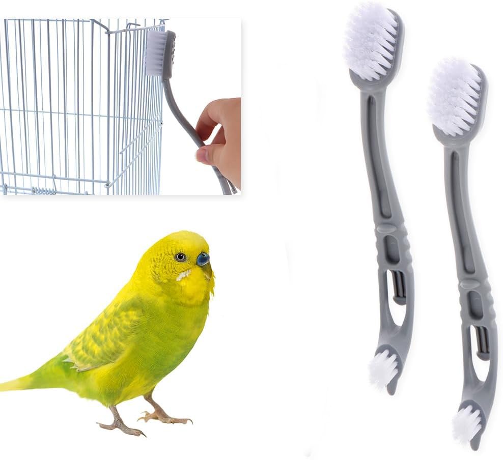 Image of Bird Cage Cleaner with Two Brush Heads Stainless Steel Bird Droppings Cleaning Scraper Long Handle Tool for for Cleaning Bird Parrot Cages Kennels Perches