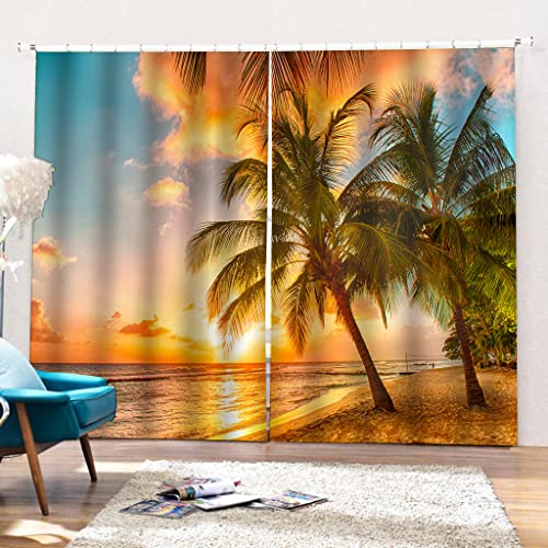 Cortinas Opacas - Impresión 3D árbol de Coco de Playa Cortinas Sala Dormitorio Moderno Infantil, 2 Unidadess, 250x150cm, (L2-4474) Cover