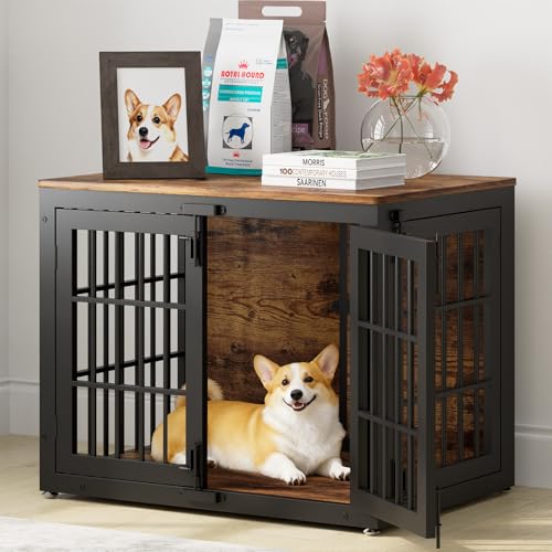 MOLKEI 33" Heavy Duty Dog Crate Furniture, Wooden Dog Cage Kennel for Small and Medium Dogs, Dog Kennel Indoor with Side Door, Decorative Pet House End Table, Brown
