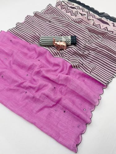 Image of Linen Cotton Saree with Black Mirror Work | New