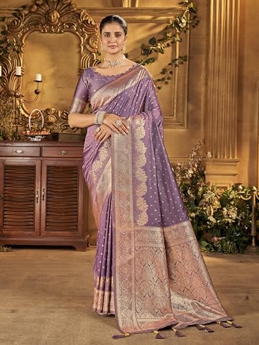 Image of Mehrang Women's Banarasi Silk Kanjivaram Saree For Wedding With Pure Zari Work, Woven Design, With Unstitched Blouse Piece