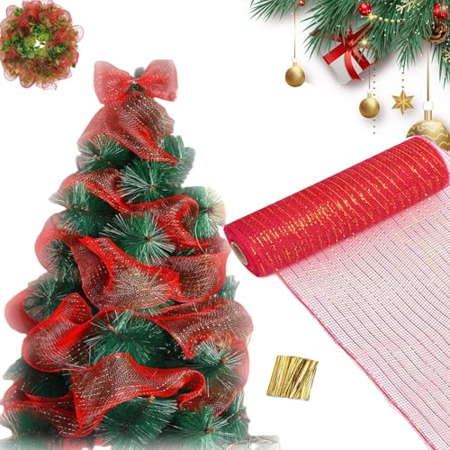 Grinalda decorativa natal, grinalda para árvore de Natal, fita de malha de folha dourada, decoração de jardim com corrimão para festa de casamento de páscoa, 26 cm x 9,14 M (vermelho)