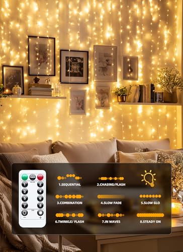 Image of Brightown 2 Pack 300 LED Fairy Curtain Lights, 9.8ft x 9.8ft String Lights | Warm White USB Plug in 8 Lighting Modes Christmas String Hanging Lights with Remote for Bedroom Indoor Outdoor Party