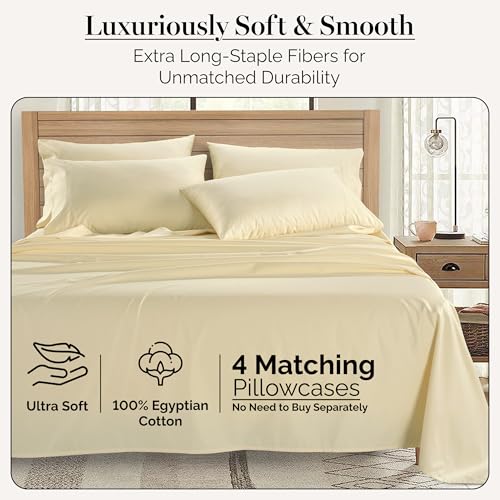 Casa Platino 100% Egyptian Cotton Sheets California King Size Set - 6 Pcs (1 Flat, 1 Fitted, 4 Pillowcases)- Ultra Smooth Sateen Weave Bed Sheets Set with 15" Deep Pockets - Ivory
