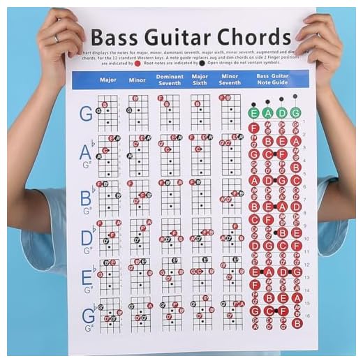 Tabla completa de dedos para estudiantes de bajo que muestra información esencial sobre 72 acordes diferentes (largo 41 x 57 cm)