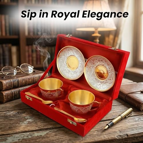 Image of Silver Plated Cup Saucer Set in Velvet Box | Cup Saucer Set of 6 for Tea (2 Cup + 2 Saucer + 2 Spoon) | Tea /Coffee Cups 120 ml | Dishwasher Safe | Ideal for Daily Use & Gifting