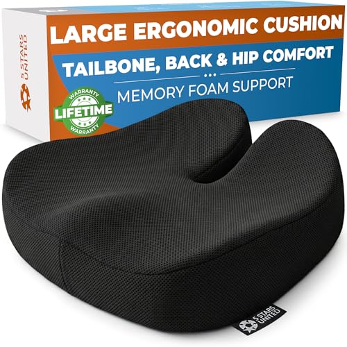 Image of 5 STARS UNITED Seat Cushion - Memory Foam Chair Cushion for Tailbone Pain Relief - Ergonomic Support for Coccyx, Sciatica & Butt - Office, Desk & Gaming Chair, Car Seat, Wheelchair, Black