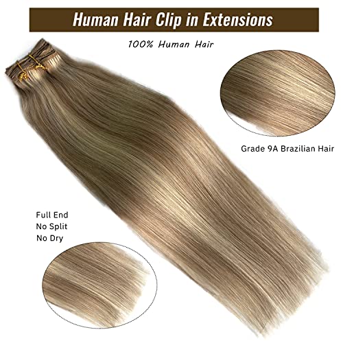 Image of Clip in Hair Extensions, Golden Blonde with Light Blonde Highlights Remy Hair Extensions Clip in Real Human Hair 7 Pcs 70G Clip in Extensions 18 Inch Double Wefts Hair Clip ins for Fine Hair Women