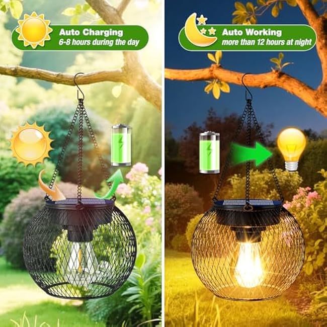 Solar Lanterns Outdoor Waterproof 4 Pack, Upgraded Metal Solar Hanging Lights with Hooks & Auto On/Off, Brighter Warm Outdoor Hanging Lantern Lighting for Porch Garden Yard Pathway Decor