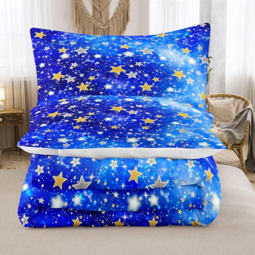 Image of NINENINE Galaxy Star Comforter Sets, Bright Blue Sparkling Star Space Bedding 5PCS Twin Size Comforter Sets for Girls Kids (1Comforter, 1Flat Sheet, 1Fitted Sheet, 2Pillowcases)