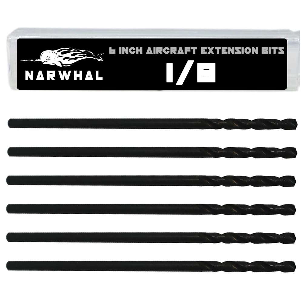 Narwhal 1/8" x 6 Inch Long (M35 Cobalt Aircraft Extension - 6 Pack) Black Oxide Finish - Easily Drill Into Metal, Steel, Aluminum, Wood, & Copper