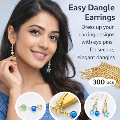 Image of Tia Crafts Eye Pins for Jewellery Making, Earrings & DIY Crafts | Golden Metal Eye Pins with Loop for Beads & Charms | Pack of 300 (Golden)
