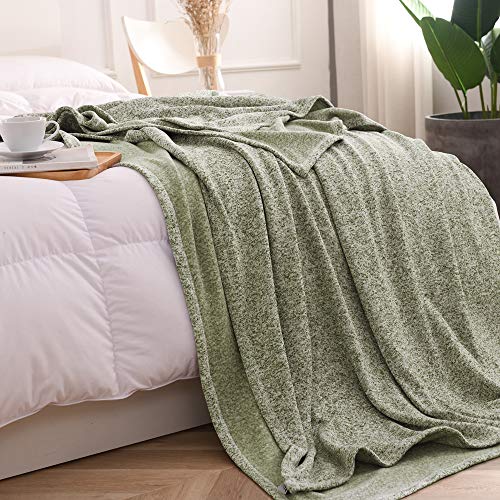 KAWAHOME Knit Blanket Lightweight Breathable Fuzzy Heather Jersey Thin Blanket for Couch Sofa Bed Queen Size 90 X 90 Inches Green and White