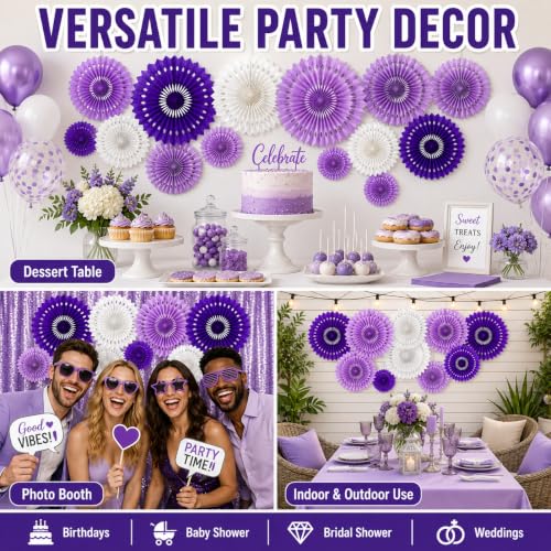 Image of Purple White Hanging Honeycomb Round Paper Fans Halloween Decoration Kit for Baby Boy Shower Birthday Wedding Under The Purple Theme Photo Booth Backdrops Paper Party Supplies 11 Count
