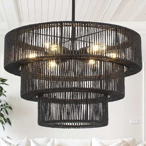 Image of XBSYEO 25.19" Boho Large Rattan Chandelier Light Fixture, 6-Light Black Hand Woven Pendant Light Farmhouse Rustic Chandeliers for Kitchen Bedroom, Dining Room, Living Room, Hallway, Foyer