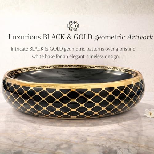 Image of Wallace Luxury Oval Table Top Wash Basin 60x40x15 cm | Premium Ceramic Countertop Vessel Sink with Gold Rim & Geometric Pattern | Over Counter Designer Bathroom Basin Black & Gold