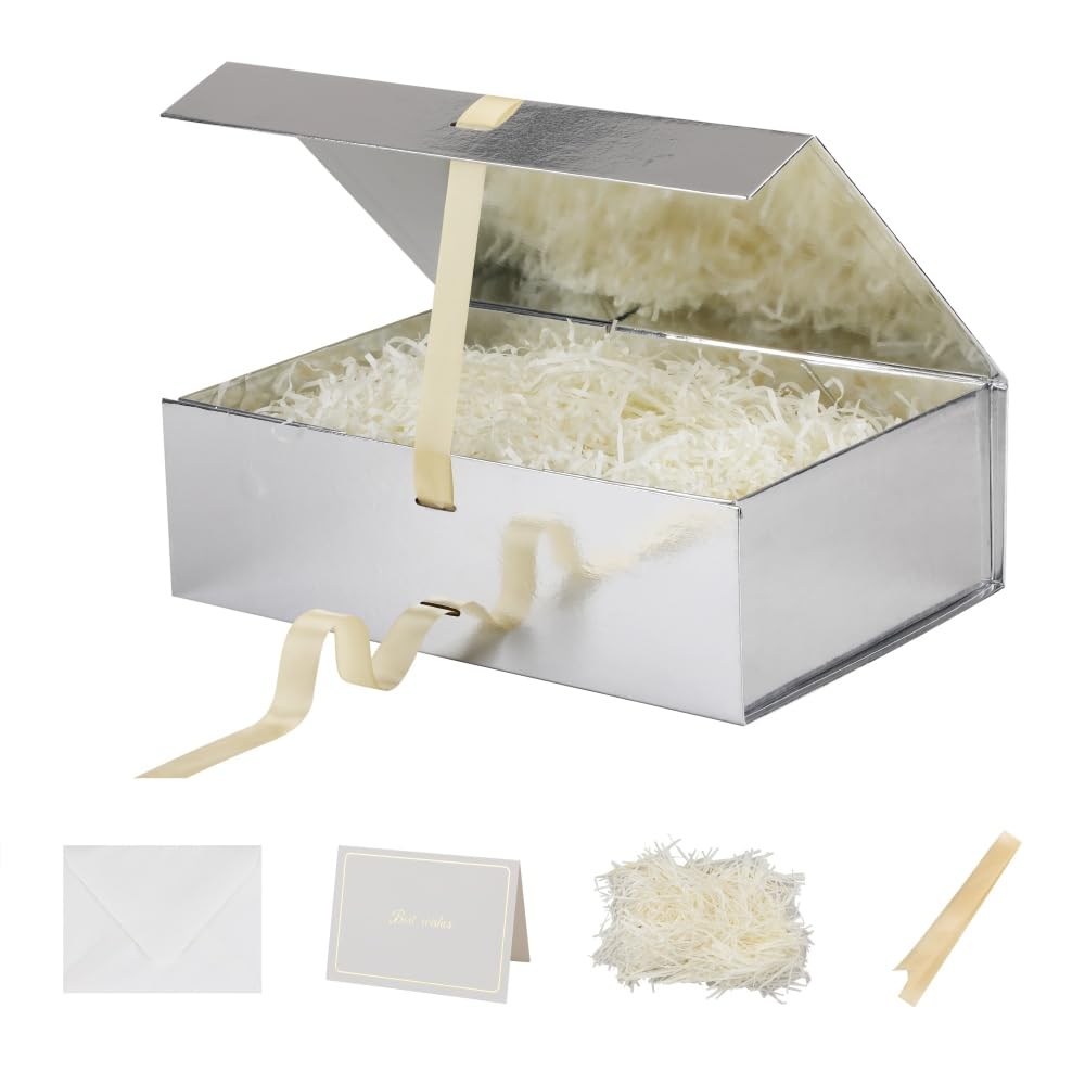 Große Geschenkboxen mit Deckel, 33 x 22,9 x 10,2 cm, große silberne Geschenkbox mit Schleife, Weihnachtsgeschenkbox, faltbare Geschenkboxen für Geschenke, Abschlussfeiern, Geburtstage, geschreddertes