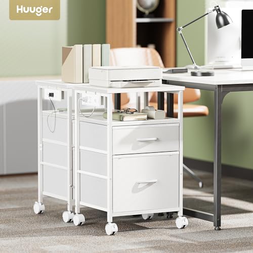 Huuger File Cabinet with Power Outlets 2 Drawer Filing Cabinet Printer Stand with Storage Rolling File Cabinet with Lockable WheelsAdjustable Feet Open Shelf Wood Top White