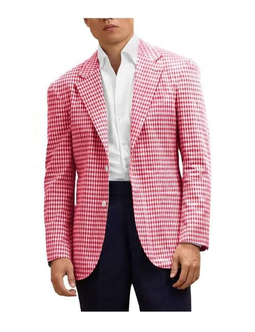Men's One Button Plaid Blazer Slim Fit Notch Lapel Lightweight Casual Sport Coats for Wedding Prom