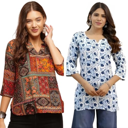 Image of Women's Cotton Printed Short Kurti, Round Neck, Three Quarter Sleeve, Straight Fit, Pack of 2