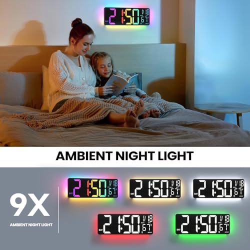 Image of YISILE Digital Wall Clock Large Display, 13 inch Large Digital Wall Clock with RGB Color Remote Control, Automatic Brightness Dimmer Big Clock with Night Lights, Auto DST, Date Week,Perfect for Gift