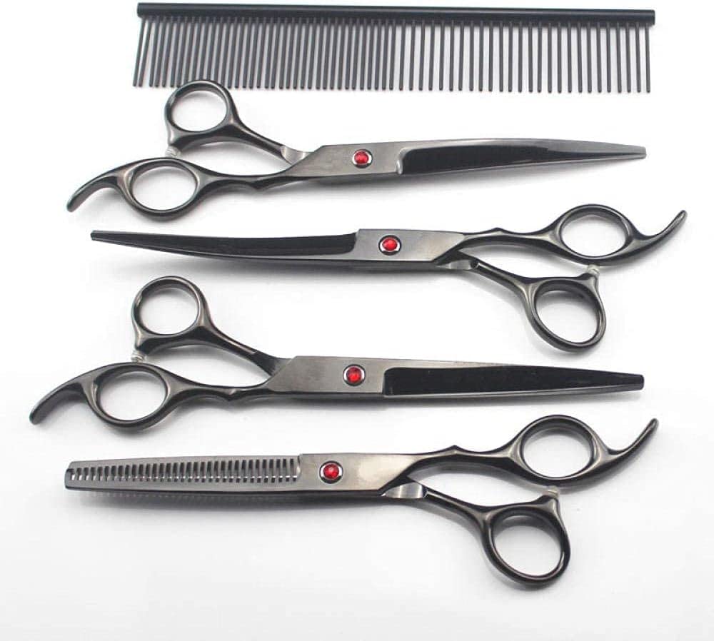 Kit de 5 Ciseaux de toilettage pour Chiens et Animaux de Compagnie (7 pièces) Noirs, Style Japonais. Idéal pour la Coupe et l'effilage. Parfait pour Les coiffeurs et Barbiers.