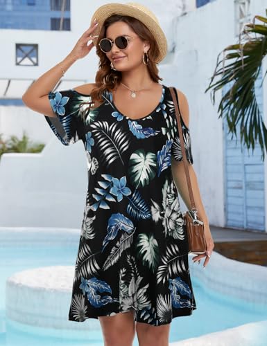 Image of JollieLovin Womens Plus Size Short Sleeve Cold Shoulder V Neck T-Shirt Dress with Pockets