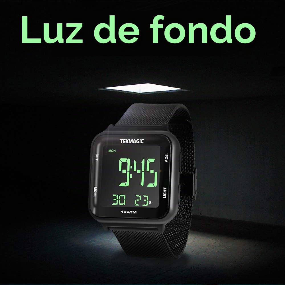 Reloj resistente al agua 10 ATM 100 m sumergible reloj acero con funciones de alarma, cronómetro, doble huso horario, calendario, formato 12/24 horas seleccionable