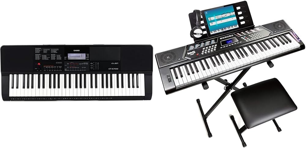 Casio CT-X700 61-Key Portable Keyboard & RockJam 61 Key Keyboard Piano Stand With Pitch Bend Kit, Piano Bench, Headphones, Simply Piano App & Keynote Stickers