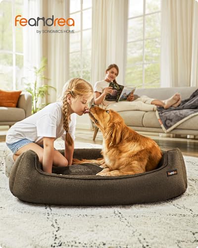 Feandrea Hundebett, Hundekissen in Leinenoptik, Hundekorb, erhöhte Ränder, rutschfeste Unterseite, Bezug abnehmbar waschbar, XL, für große Hunde, 110 x 75 x 27 cm, braun PGW12CC