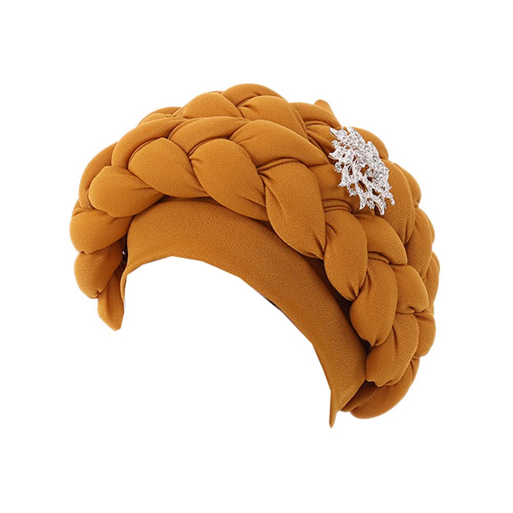 JDYaoYing African Turban Head Wrap Braid Beanie Cap Headwear Crystals Twisted Head Turbans for Women and Girls Yellow