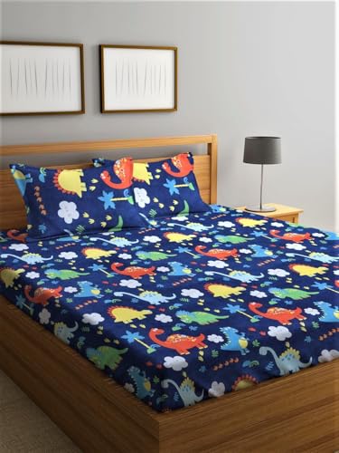 Image of RD FABS Kids Cartoon Elastic Fitted Bedsheet, Blue Dino, Double Bed