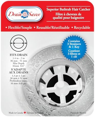 Drain Saver® 3+1 Bathtub Drain Hair Catcher, Fits in 1.4" to 2" ⌀, Protects & Prevents Drain Clogs, Patented, Made in Canada