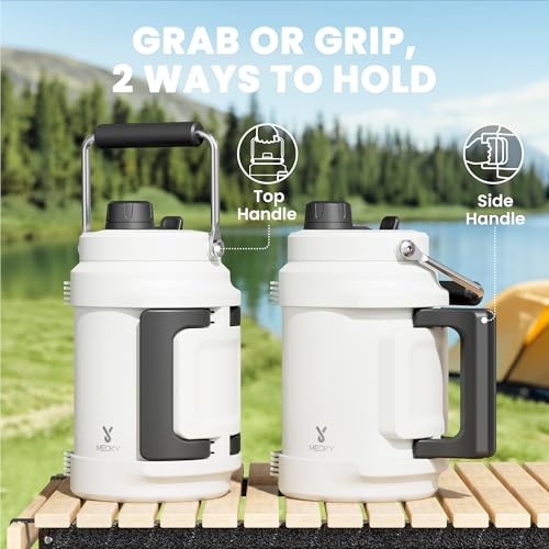 Image of 64 oz Insulated Water Bottle for Gym: Meoky Triple Wall Vacuum Stainless Steel Half Gallon Water Jug - Top and Side Handles, 2-in-1 Straw and Spout Lid, Cold for 36 Hrs, Leak Proof for Camping (Ivory)