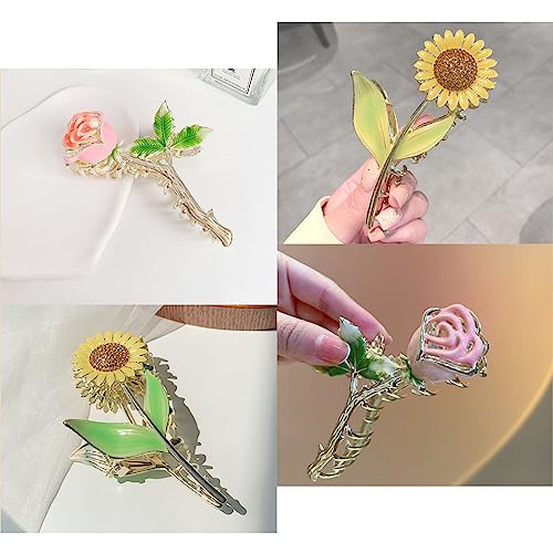 2Pcs Fresh Sunflower Hair Clips Romantic Pink Rose Claw Clips Flash Drill Metal Hairpin Headwear #TOP5