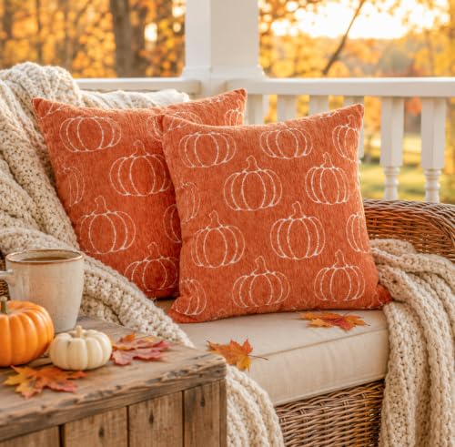 Image of Fall Pumpkin Chenille Pillow Covers,Autumn Decor (Orange,20x20) | Double-sided pumpkin and plaid designs, thick chenille texture, hidden zipper, for couch, sofa, bed, farmhouse autumn decor