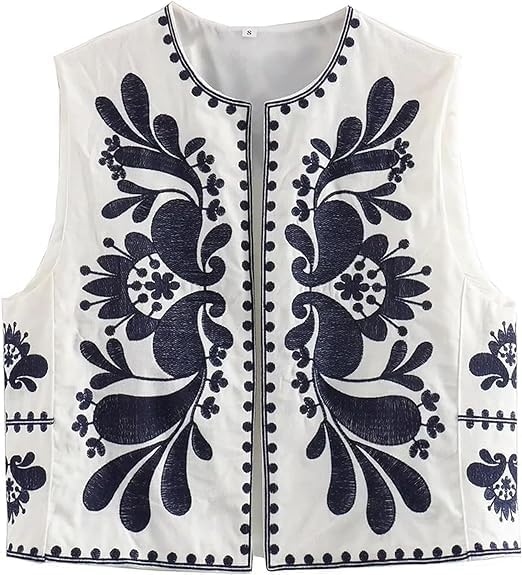 GenericWomen's Vintage Embroidered Vest Boho Open Front Cropped Vests top Sleeveless Floral Cardigan (UAE/KSA, Alpha, L, Regular, Regular, Dark blue)