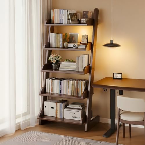 WOOOFA 5-Tier Ladder Shelf, L-Shaped Tall Ladder Bookshelf with Baffle, Freestanding Wooden...