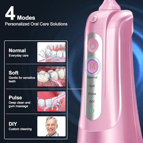Water Dental Flosser Pick for Teeth: 4 Modes Cordless Portable Water Flossers Teeth Cleaner Rechargeable 300ML IPX7 Waterproof Oral Irrigator Flossing Cleaning Picks for Home Travel