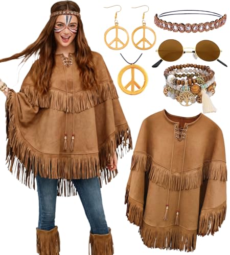 kasahara Poncho Indien Femme avec Franges et Accessoires – Cape Hippie Western avec Bijoux de Cheveux, Déguisement Cowgirl pour Carnaval, Halloween,...
