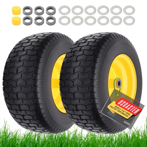 16x6.50-8 tire and wheel Flat Free Assemblies (2 Pack), Lawn Mower Tires with Rim, Solid Rubber Riding Lawn Mower Tires and Wheels,3" Offset Hub,3/4" Bushings,16x6.5-8 Tractor Turf Tire