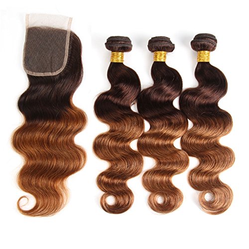 Ombre Brazilian Hair Body Wave Ombre Bundles With Closure, 3 Ombre Hair Bundles With Lace Closure (T4/30,18 20 22+16)