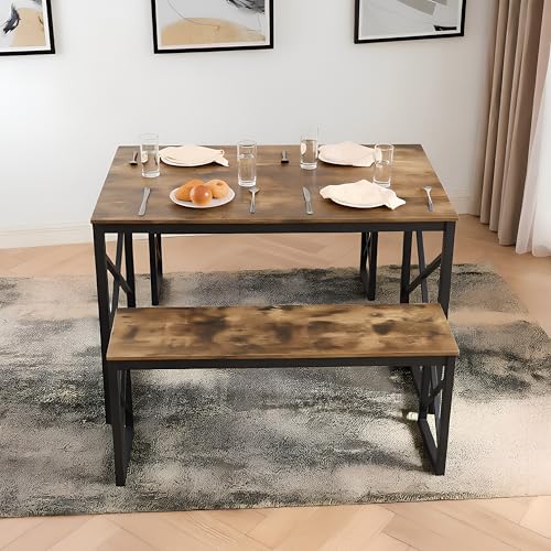 Image of VECELO 43.3 inch Kitchen Dining Table Set for 4, Heavy-Duty Steel Frame & Wood-Grain Tabletop, Space-Saving Dinette Sets with 2 Benches for Breakfast Nook and Small Space, Brown