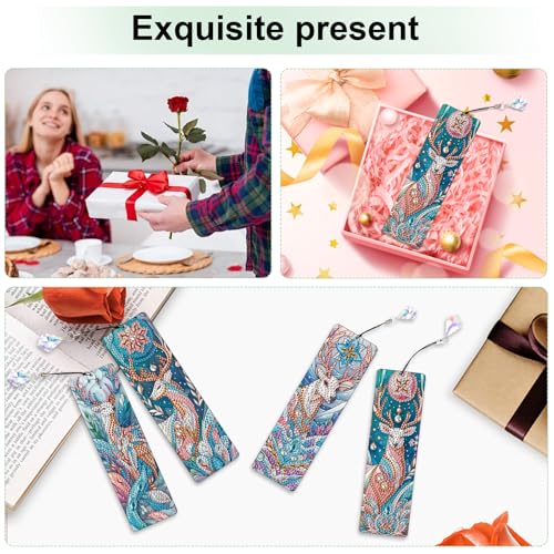 Image of 4 Pack DIY Diamond Painting Bookmarks, Special Shaped Deer Design Handmade Crystal Rhinestone Bookmark Kits with Tassel, Sparkling Art Bookmark for Reading Enthusiasts
