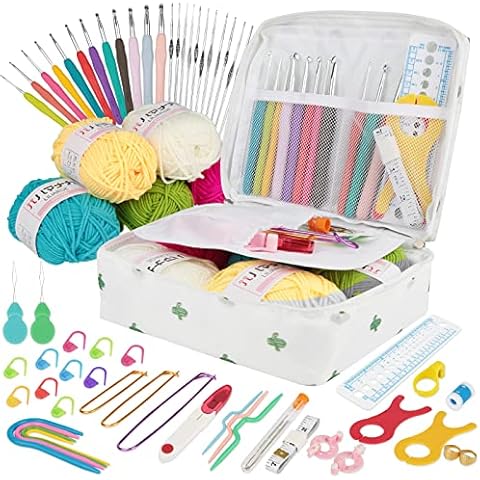 111Pcs Crochet Kits Crochet Hooks Set for Beginners Adults Knitting Kit Ergonomic Metal Crochet Hooks 0.6mm-10mm Knitting Accessories Tools Crochet Wool Yarn Storage Case Needles Crochet Starter Kit Cover