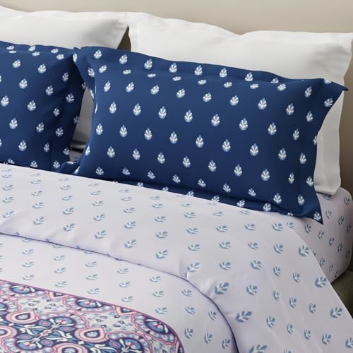 Image of Layers 100% Cotton for King Size Bed | 120 TC Printed, Soft, Breathable, Machine Washable Bedsheet with 2 Pillow Covers | Forever Collection (274 x 274 cm) - White & Blue